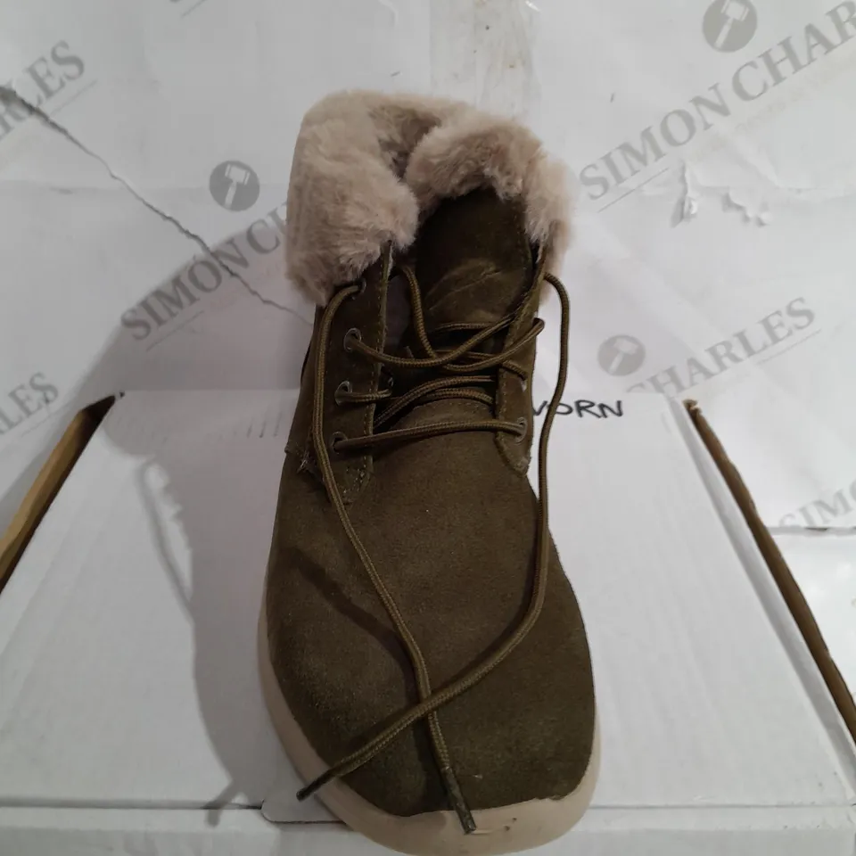 BOXED SKECHERS GO WALK STABILITY SUEDE BOOTS, OLIVE - SIZE 7