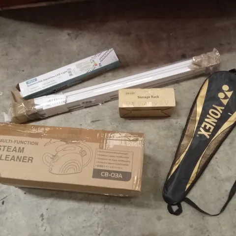 PALLET OF HOUSEHOLD GOODS AND PRODUCTS TO INCLUDE; STEAM CLEANER, STORAGE RACK, YONEX BADMINTON RACKET, ROLLER BLINDS, STORAGE RACK