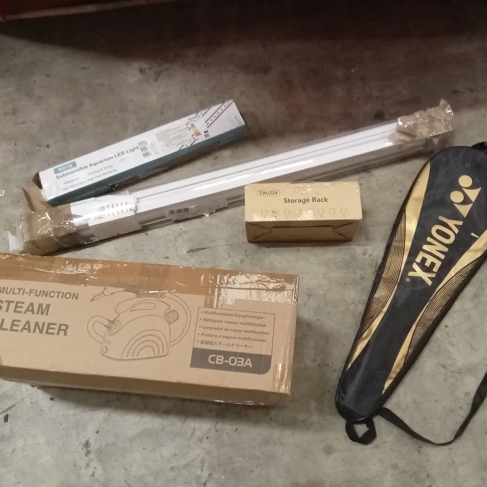 PALLET OF HOUSEHOLD GOODS AND PRODUCTS TO INCLUDE; STEAM CLEANER, STORAGE RACK, YONEX BADMINTON RACKET, ROLLER BLINDS, STORAGE RACK