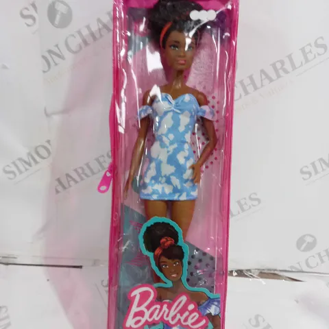 BARBIE FASHIONISTAS DOLL #185, BLACK UP-DO HAIR, OFF-SHOULDER BLEACHED DENIM DRESS