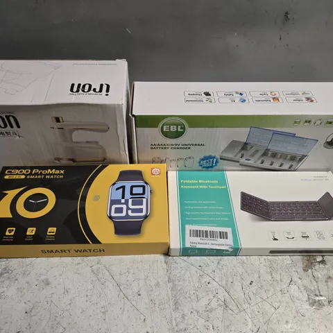 APPROXIMATELY 8 ASSORTED ELECTRICAL PRODUCTS & ACCESSORIES TO INCLUDE PORTABLE IRON, FOLDABLE KEYBOARD, BATTERY CHARGER ETC 