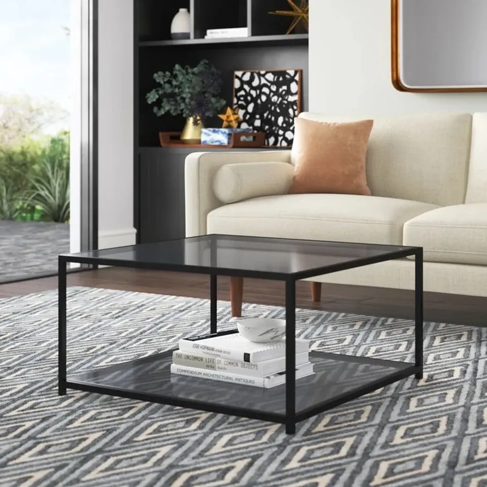 BOXED SOKOL FLOOR SHELF COFFEE TABLE WITH STORAGE SMOKY GREY