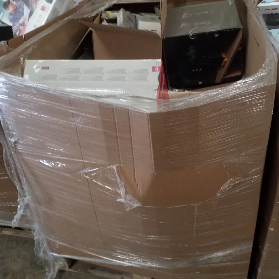 PALLET CONTAINING ASSORTED ELECTRICAL PRODUCTS INCLUDING BLUETOOTH BOOKSHELF SPEAKER, CANON PIXMA TS3350 PRINTER, 2.0 SOUNDBAR, FM ALARM CLOCK, DVD PLAYER WITH HDMI FUNCTION & AERIAL