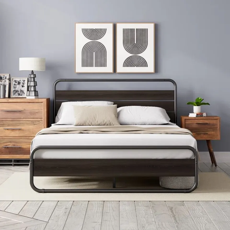 BOXED SANA LOW PROFILE METAL BED FRAME WITH WOOD DETAILS // SIZE UNSPECIFIED (1 BOX)