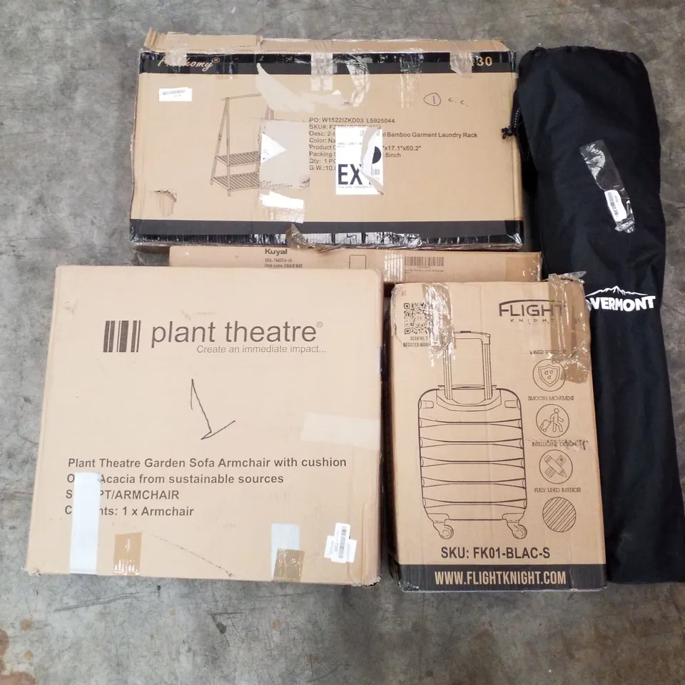 PALLET OF ASSORTED PRODUCTS INCLUDING GARDEN SOFA ARMCHAIR, CARRYON SUITCASE, CAMPING CHAIR, BAMBOO GARMENT LAUNDRY HAMPER, CHAIR MAT