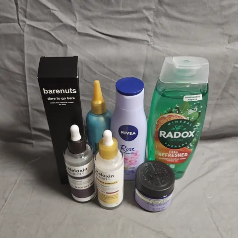 APPROXIMATEY 20 ASSORTED HEALTH AND BEAUTY PRODUCTS TO INCLUDE - DR MELAXIN PEEL SHOT - NIVEA LOTION - BARENUTS HAIR REMOVAL CREAM - ETC