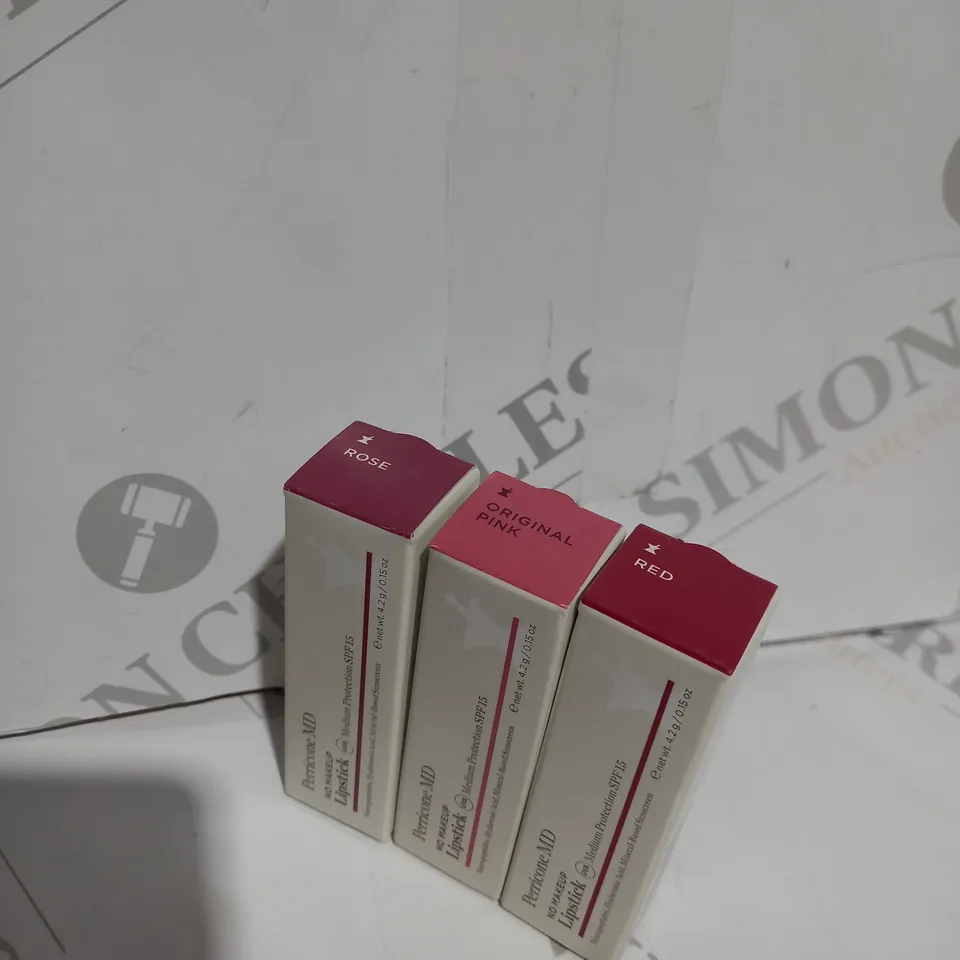 3 X BOXED PERRICONE MD NO MAKEP LIPSTICK TO INCLUDE RED, ORIGINAL PINK AND ROSE