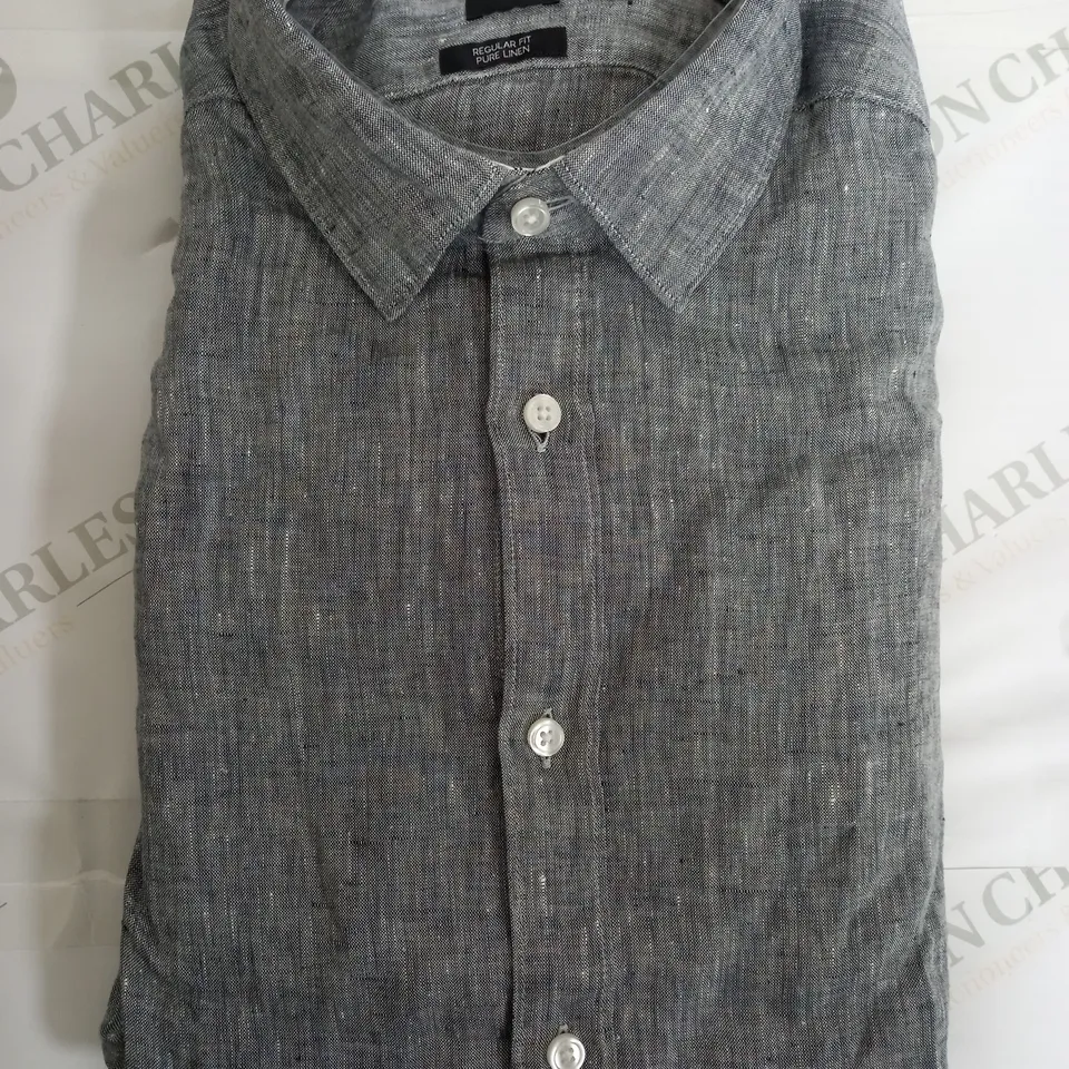 HUGO BOSS REGULAR FIT PURE LINEN SHIRT IN GREY - MEDIUM