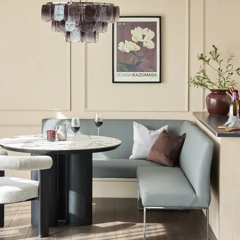 BOXED DANETTI LOOP 7 SEATER RIGHT HAND CORNER BENCH - MID GREY FAUX LEATHER, CHROME LEGS (3 BOXES)
