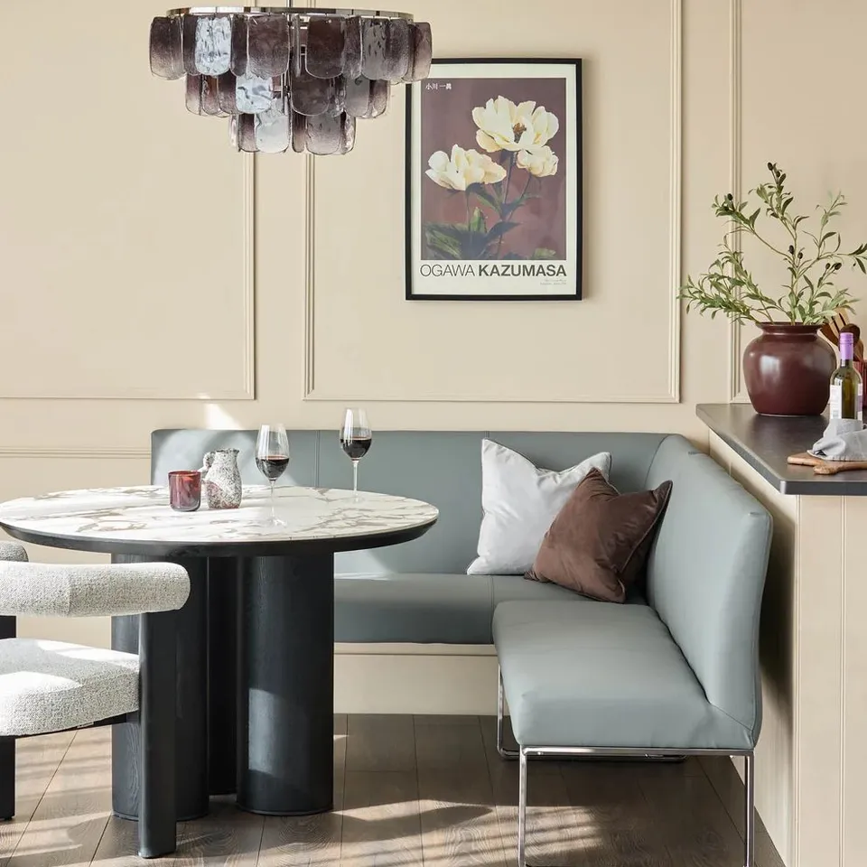 BOXED DANETTI LOOP 7 SEATER RIGHT HAND CORNER BENCH - MID GREY FAUX LEATHER, CHROME LEGS (3 BOXES)