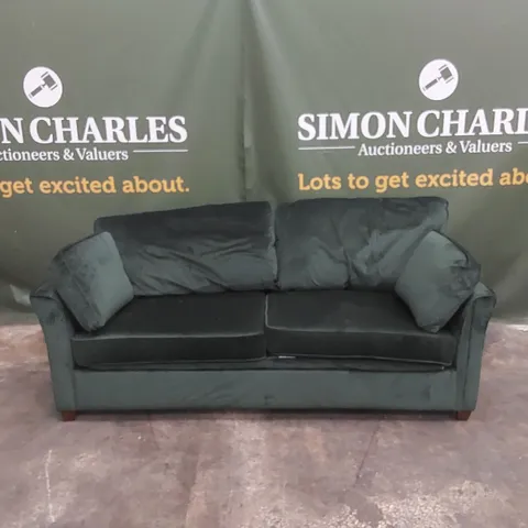 QUALITY DESIGNER 3 SEATER FOREST GREEN VELVET UPHOLSTERED SOFA BED