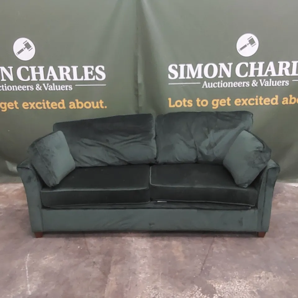 QUALITY DESIGNER 3 SEATER FOREST GREEN VELVET UPHOLSTERED SOFA BED