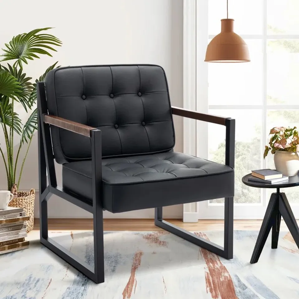 BOXED MODERN FAUX LEATHER BUTTON-TUFTED DESIGN ACCENT CHAIR WITH METAL FRAME - BLACK (1 BOX)