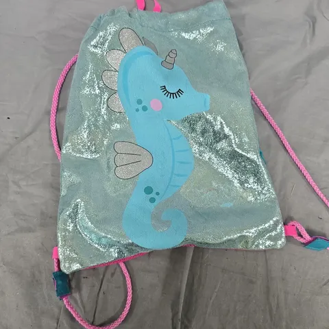 CHILDREN'S DRAWSTRING BAG β SILVER GLITTER WITH BLUE SEAHORSE DESIGN