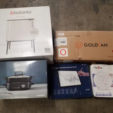 PALLET CONTAINING ASSORTED PRODUCTS INCLUDING GOLD FAN COFFEE TABLE, CEILING LIGHT, LED LIGHT PAD WITH ATTACHED CORD, BO TOUCH BIN & CUISINART COOK IN