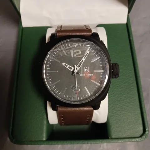 FRANK SCHMIDT BLACK DIAL AND CASE GENTS WATCH WITH STAINLESS STEEL BACK AND BROWN RUBBER STRAP IN BOX