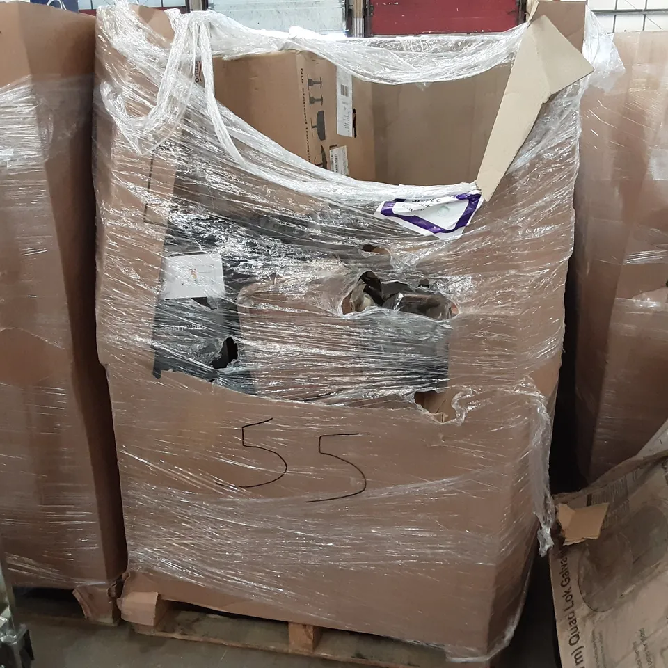 PALLET OF ASSORTED PRODUCTS TO INCLUDE TEFAL POWERGRILL, BBK MICROWAVE OVEN,  INGENUITY AUTOMATIC BOUNCER, OSPREY SKATEBOARD, HKOENIG METAL FLOOR FAN, PRE-LIT ALASKAN PINE GREEN  