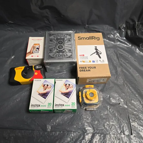 ASSORTED CAMERAS AND ACCESSORIES TO INCLUDE; KODAK DIGITAL CAMERA & FUJI INSTAX MINI FILM BUNDLE WITH SMALLRIG ACCESSORY BOX