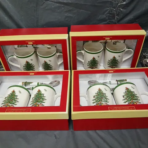 4 BOXED CHRISTMAS TREE MUG AND SPOON SETS 