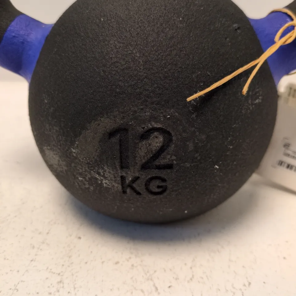 KETTLEBELL – 12 KG, BLACK WITH BLUE GRIP ACCENTS
