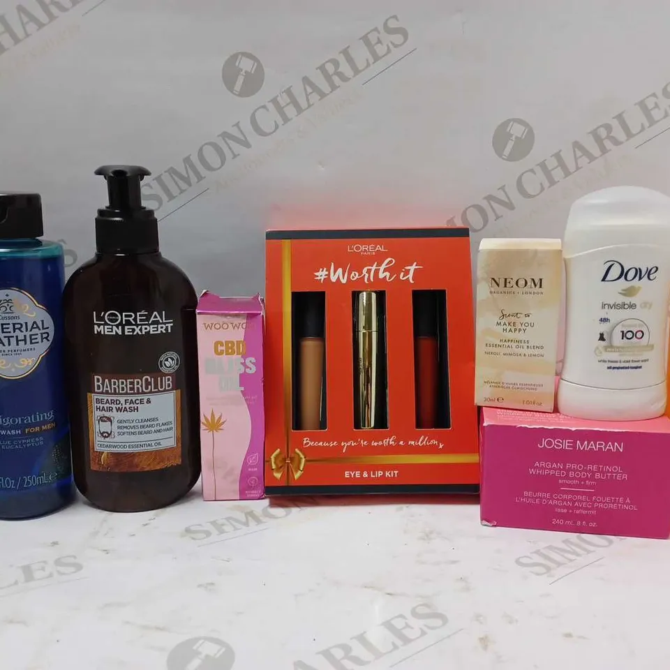 lot of approx 9 ASSORTED BEAUTY PRODUCTS TO INCLUDE IMPERIAL LEATHER BODY WASH, WOOWOO CBD AROUSAL OIL, NEOM ESSENTIAL OIL BLEND, ETC 
