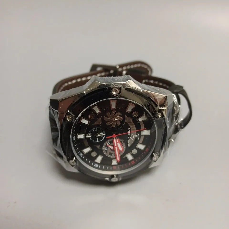 MENS LOUIS LACOMBE CHRONGRAPH WATCH – 3 SUB DIALS – SILVER COLOUR CASE – LEATHER STRAP
