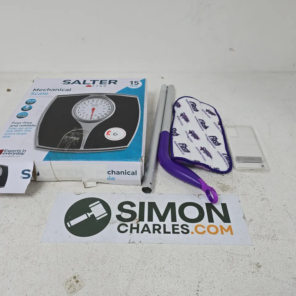 BOX OF APPROXIMATELY 15 HOUSEHOLD ITEMS TO INCLUDE FLASH MOP PARTS, SALTER MECHANICAL SCALE AND SAMSUNG PHONE CASE