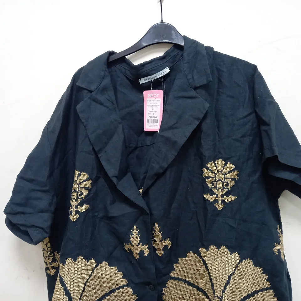 GREEK ARCHAIC KORI PEACOCK EMBROIDED SHIRT IN CHARCOAL/GOLD - LARGE