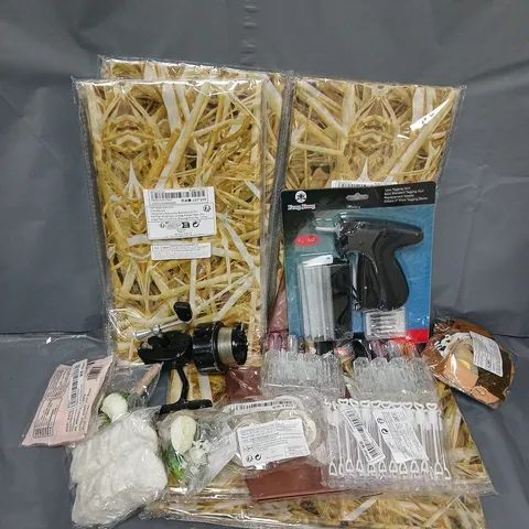 APPROXIMATELY 12 ASSORTED HOUSEHOLD ITEMS TO INCLUDE TAGGING GUN, PERFUME SPRAY BOTTLE, BALLOONS, ETC