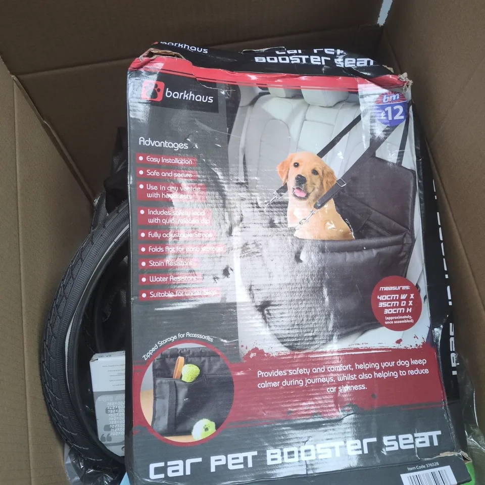 BOX OF APPROXIMATELY 20 ASSORTED AUTO/RELATED ITEMS TO INCLUDE CAR PET BOOSTER SET, BLUE PRINT CABIN FILTER, HELMET, BICYCLE INNER TUBE ETC