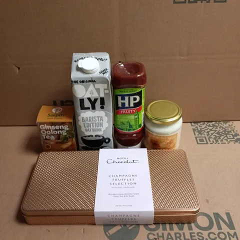APPROXIMATELY 15 ASSORTED FOOD AND DRINK ITEMS TO INCLUDE - HP FRUITY TABLE SAUCE, HOTEL CHOCOLAT CHAMPAGNE TRUFFLES SELECTION AND OAT-LY BARISTA EDITION OAT DRINK