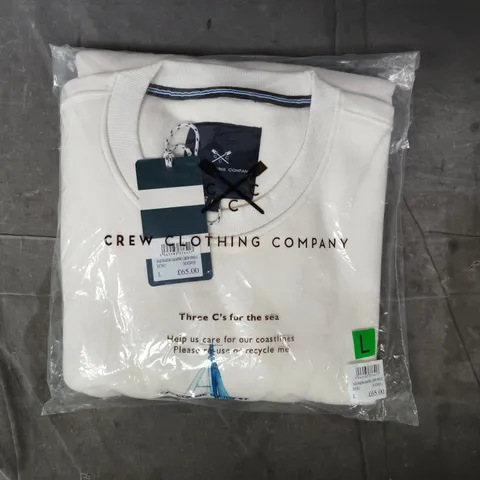 BAGGED CREW CLOTHING COMPANY SAILMAKERS GRAPHIC CREW SWEATSHIRT IN ECRU SIZE LARGE