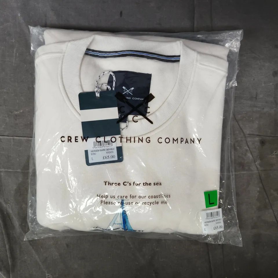 BAGGED CREW CLOTHING COMPANY SAILMAKERS GRAPHIC CREW SWEATSHIRT IN ECRU SIZE LARGE