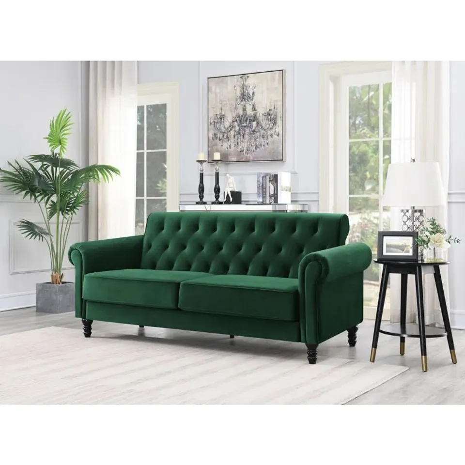 BOXED RAINSBURG 3 SEATER VELVETY SOFA - GREEN (1 BOX)