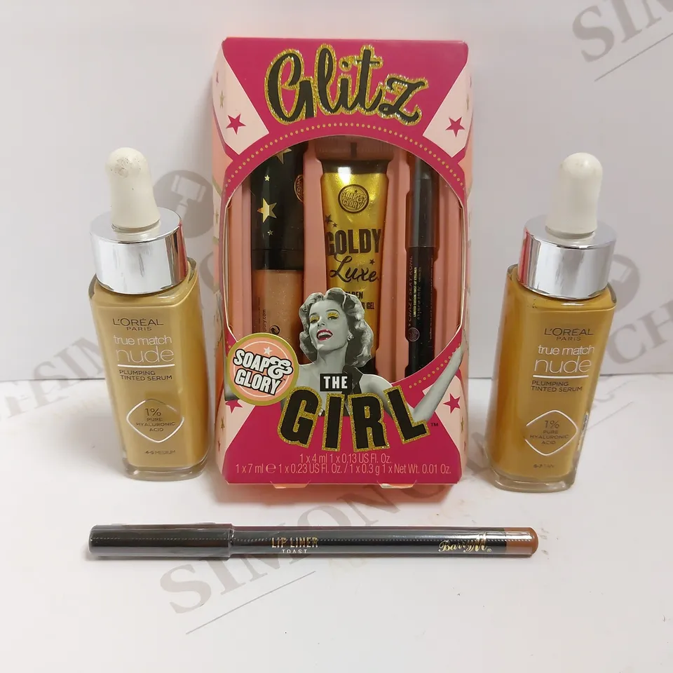 BOX OF 4 ITEMS TO INCLUDE SOAP&GLORY GLITZ THE GIRL SET, BARRY M LIP LINER, LOREAL TRUE MATCH FOUNDATION