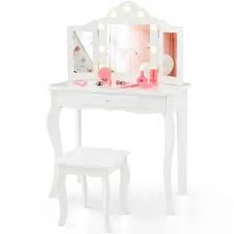 BOXED COSTWAY KIDS WHITE VANITY TABLE AND STOOL SET WITH TRI FOLDING MIRROR