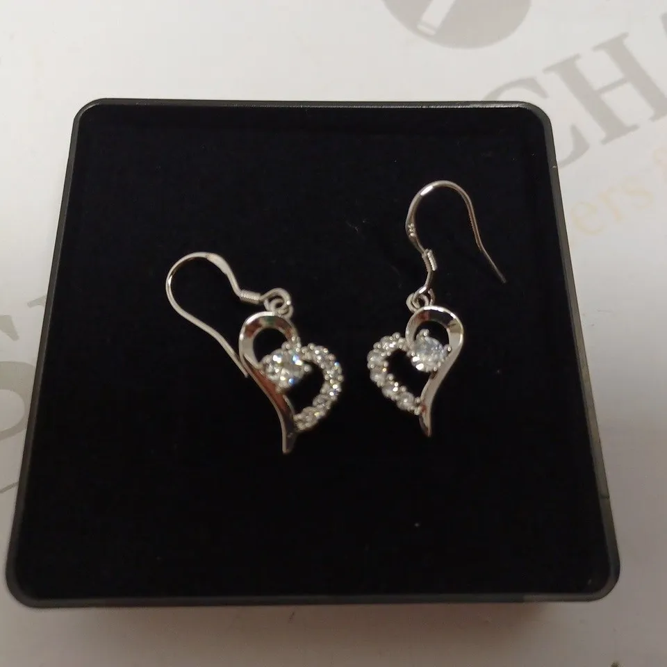 BOXED PAIR OF SILVER EFFECT HEART DANGLE EARRINGS