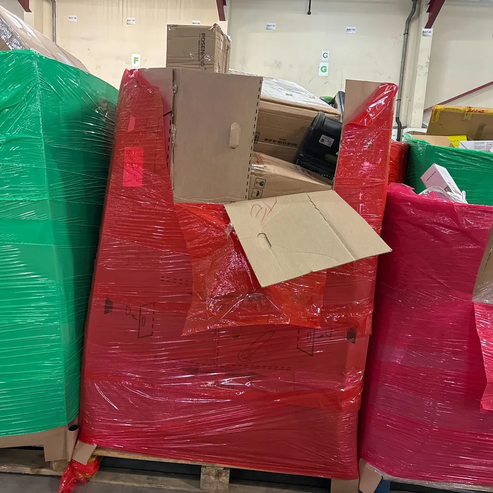 PALLET OF ASSORTED CONSUMER PRODUCTS TO INCLUDE: OFFICE CHAIR, ELECTRIC HEDGE TRIMMER, VACUUM CLEANER, FITNESS TRAMPOLINES ECT