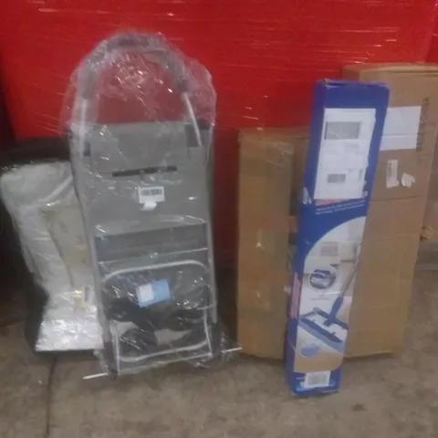 PALLET OF ASSORTED ITEMS INCLUDING MICROFIBER MOP, FREESTANDING CLOTHES LINE, ELECTRIC WEED SWEEPER, FOLDING TROLLEY