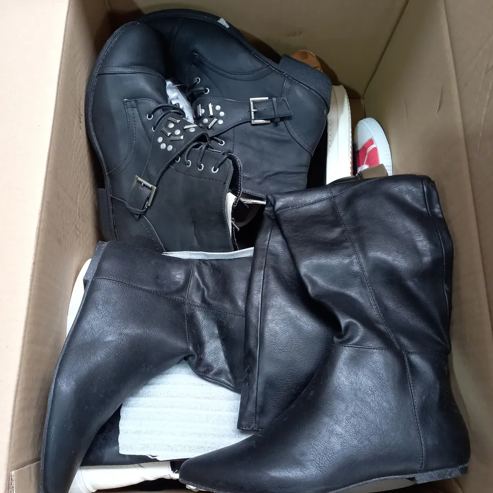 BOX OF APPROX 10 PAIRS OF ASSORTED WOMENS SHOES IN VARIOUS COLOURS, STYLES AND SIZES
