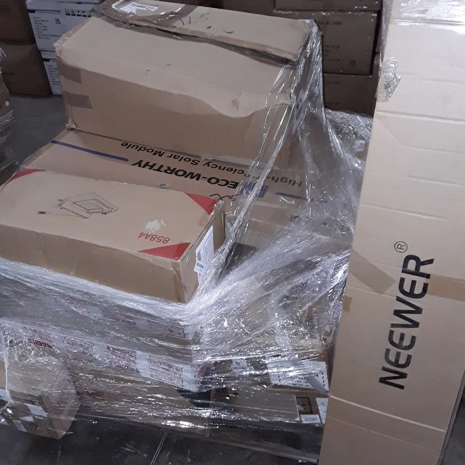 UNPROCESSED PALLET OF ASSORTED ITEMS TO INCLUDE NEEWER REFLECTOR STAND, PAPER TRIMMER AND HIGH EFFICIENCY SOLAR MODULE