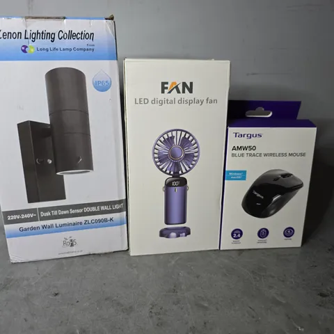 APPROXIMATELY 7 ASSORTED ITEMS TO INCLUDE -  FAN LED DIGITAL DISPLAY FAN , ZENON LIGHTING COLLECTION , TARGUS MOUSE ETC