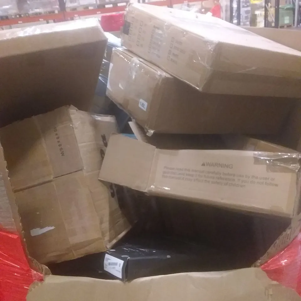 PALLET OF ASSORTED HOUSEHOLD PRODUCTS AND ITEMS, INCLUDING; RETRACTABLE GATE, FOOD PROCESSOR, DESKTOP LASER ENGRAVER, TOILET SEAT, FOLDING TABLE ETC