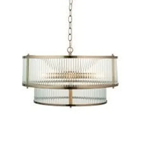 BOXED ENDON LIGHTING RIDGETON ANTIQUE BRASS CLEAR RIBBED GLASS 5 LIGHT CEILING PENDANT LIGHT