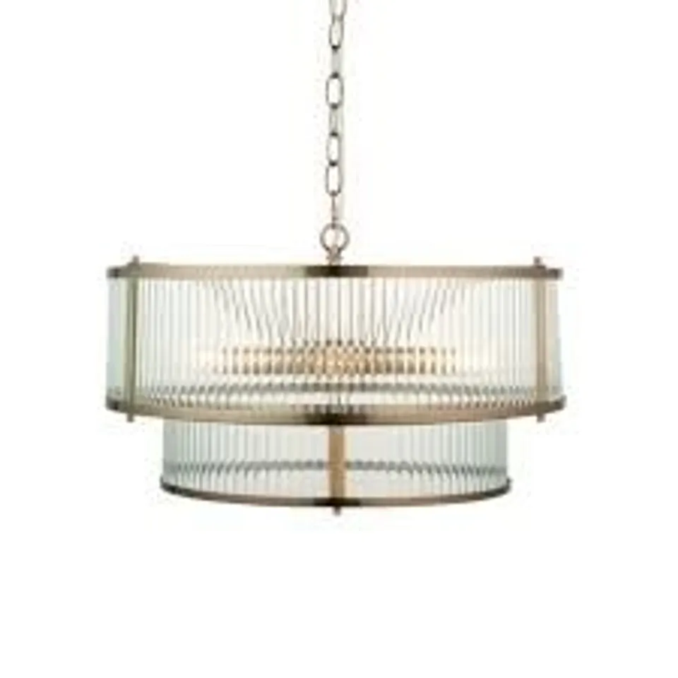 BOXED ENDON LIGHTING RIDGETON ANTIQUE BRASS CLEAR RIBBED GLASS 5 LIGHT CEILING PENDANT LIGHT