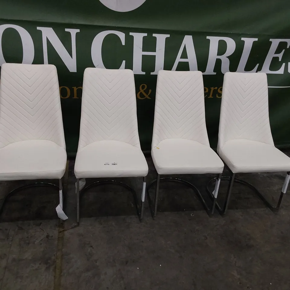 SET OF FOUR DESIGNER UPHOLSTERED CHEVRON BACK DINING CHAIRS WHITE PU