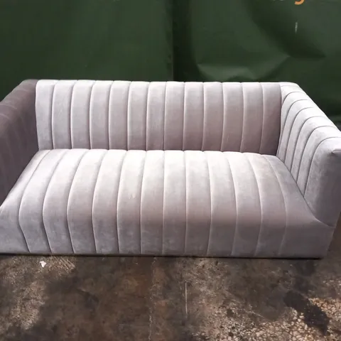 DESIGNER SILVER FABRIC SMALL SOFA WITH PANEL DETAIL