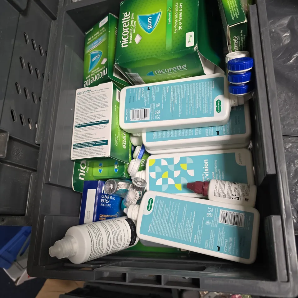 LARGE QUANTITY OF CONTACT LENS SOLUTION, ACCESSORIES AND NICORETTE PRODUCTS