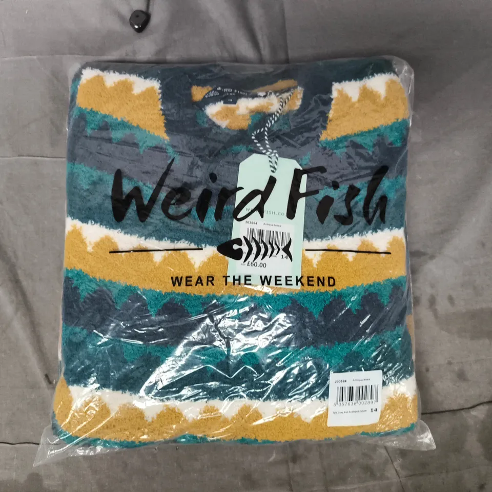 BAGGED WEIRD FISH TYLA COSY KNIT SCALLOPED JUMPER IN ANTIQUE MOSS/MULTI SIZE 14