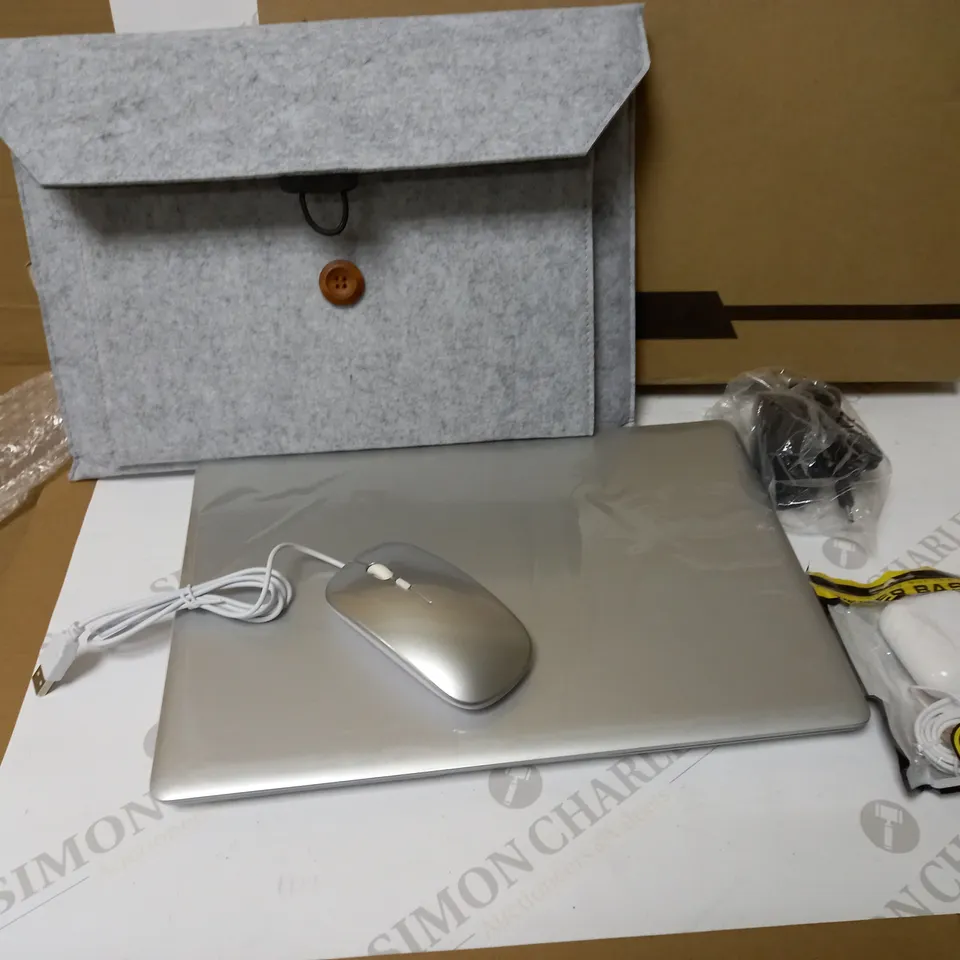 NBD SILVER LAPTOP APPROX. 13.7" SCREEN, INCLUDES MOUSE, EARPHONES AND UNIQUE CASE 